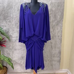 Casadei 1980s Double Layered Formal Dress M/L  Purple beaded shoulders Art Deco